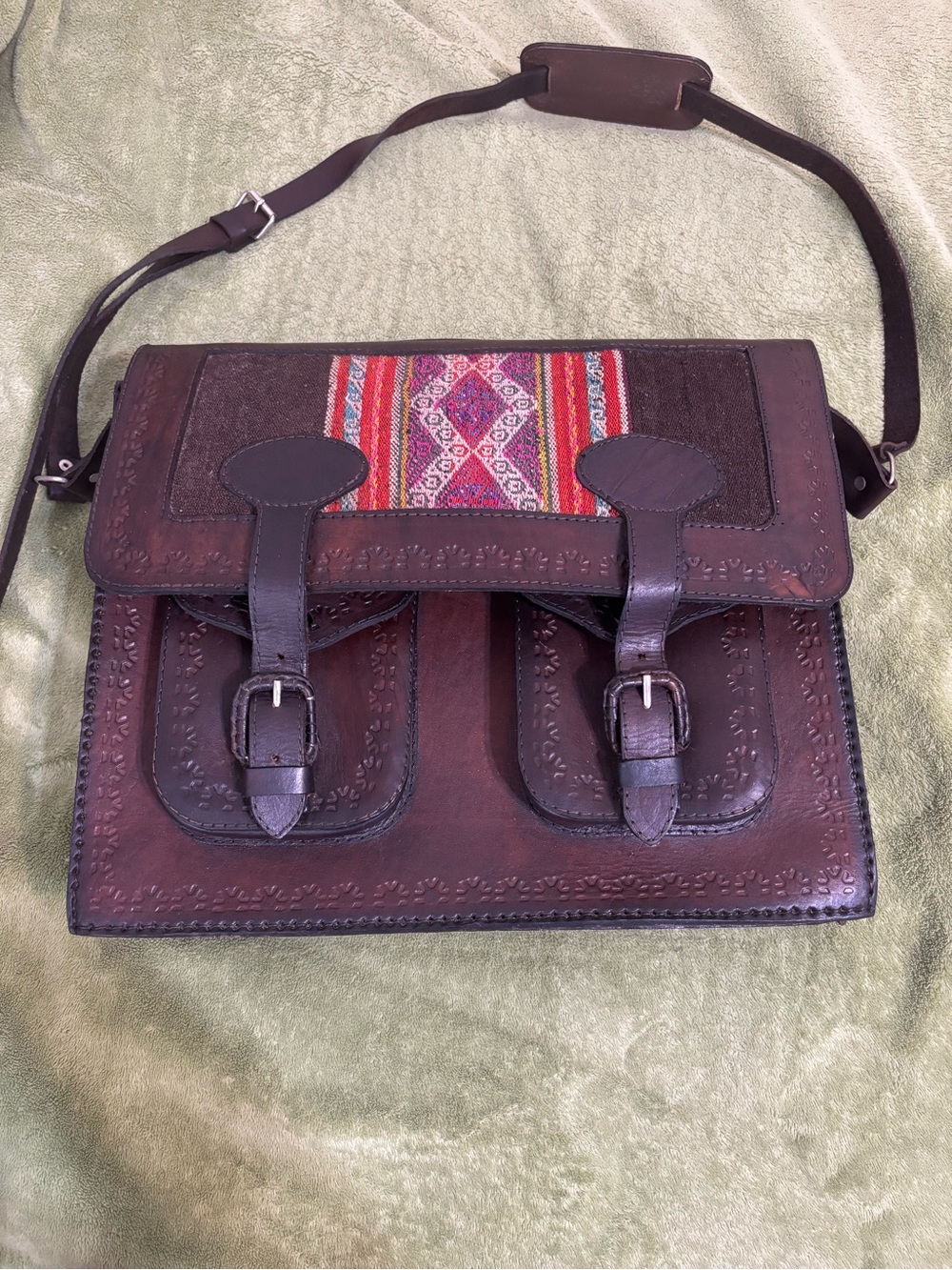 Handcrafted Brown Leather Messenger Bag with Multicolor Woven Accent
